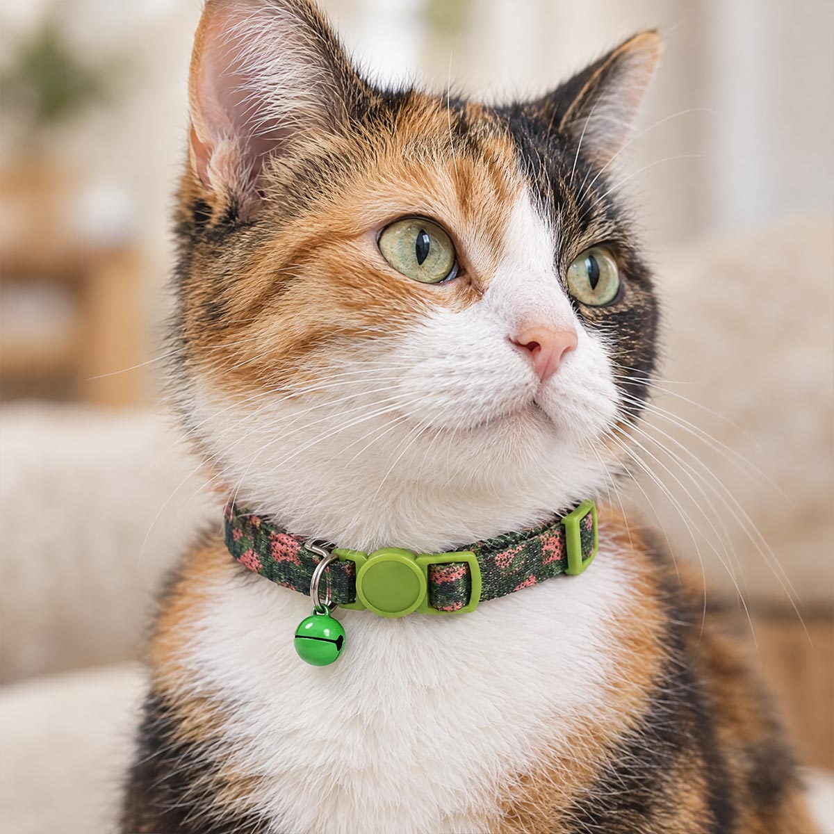 Chat tigré gris portant un collier anti-étranglement pour chat Medaléa à motif imprimé