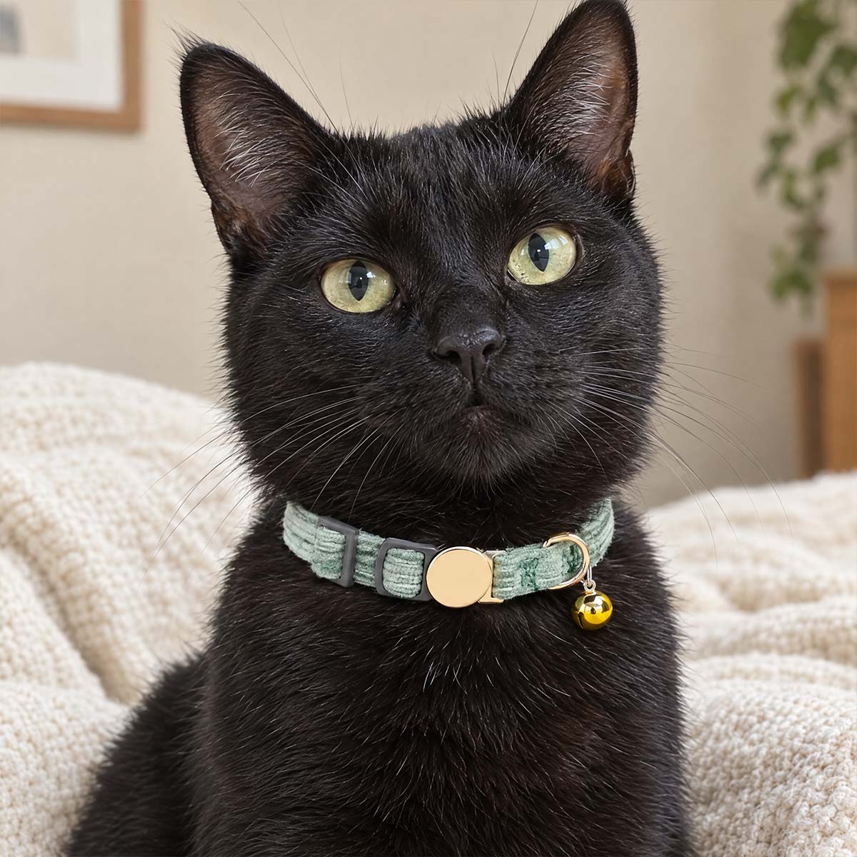 Chat noir assis sur un plaid en lin crème, portant un collier vert menthe en velours avec plaque dorée gravée
