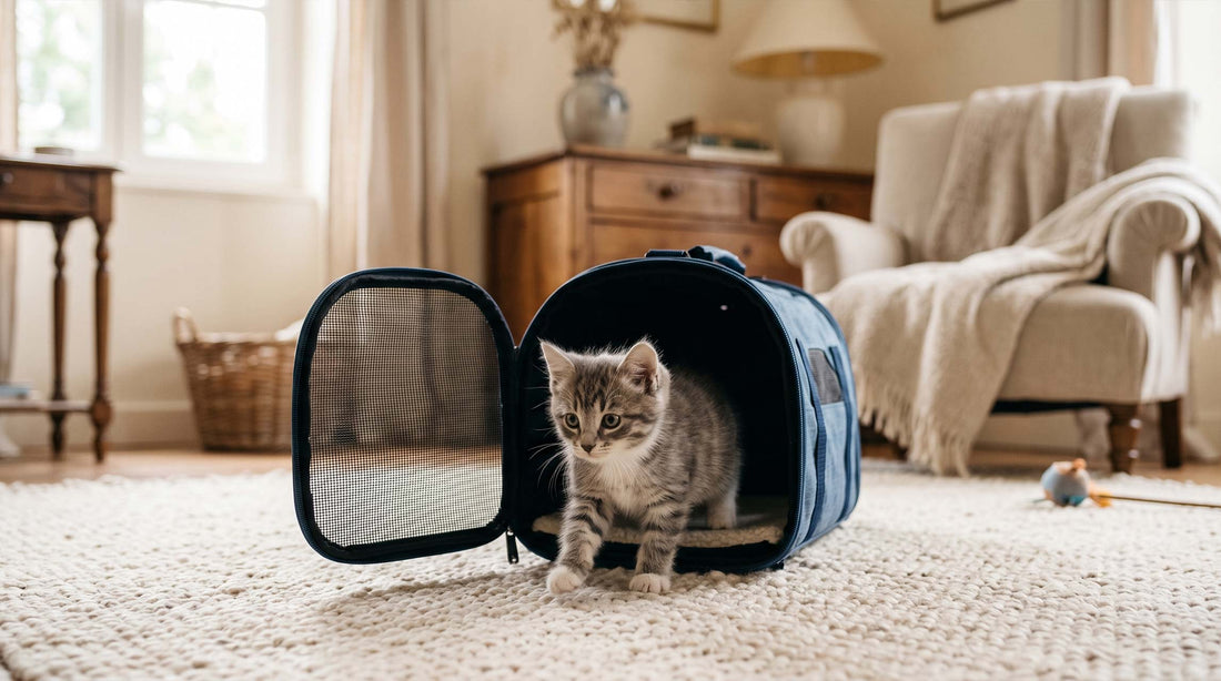Chaton sortant timidement de sa caisse de transport dans un salon calme