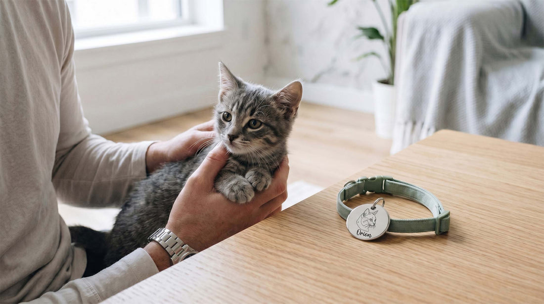 Chaton gris dans les bras d'une personne, premier jour d'adoption, médaille gravée sur collier posé à côté, lumière naturelle douce