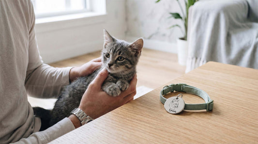 Chaton gris dans les bras d'une personne, premier jour d'adoption, médaille gravée sur collier posé à côté, lumière naturelle douce