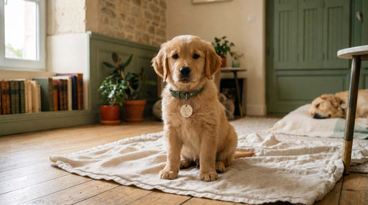 Chien chiot regardant l'objectif avec une médaille gravée autour du cou, premier jour à la maison, ambiance Medaléa chaleureuse