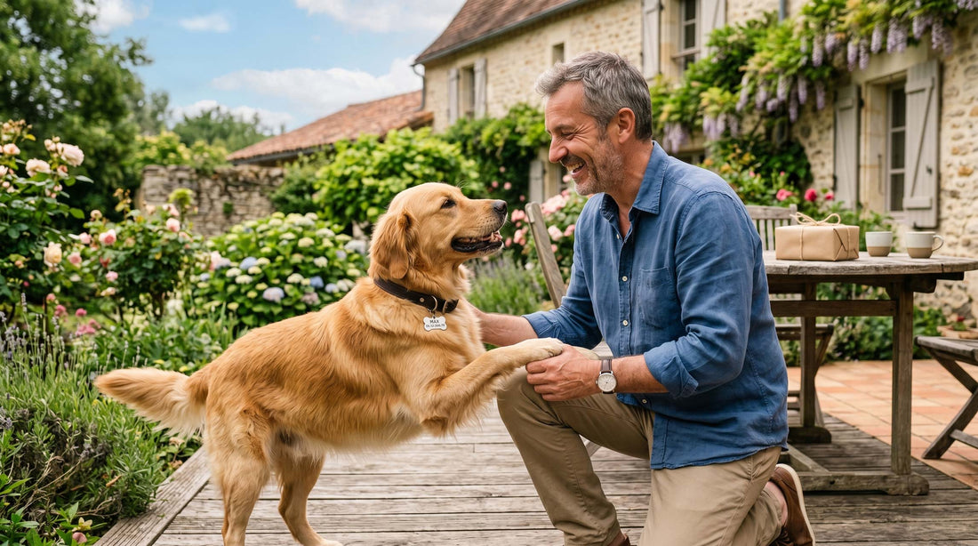  Papa souriant dans un jardin avec son chien portant une médaille gravée au collier, ambiance fête des pères, lumière d'été naturelle, moment de complicité authentique