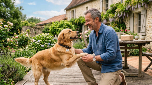  Papa souriant dans un jardin avec son chien portant une médaille gravée au collier, ambiance fête des pères, lumière d'été naturelle, moment de complicité authentique