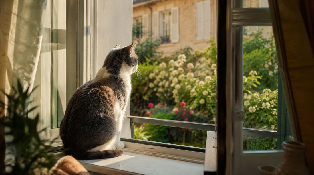  Chat assis près d'une fenêtre ouverte en été, chats perdus statistiques France 2026