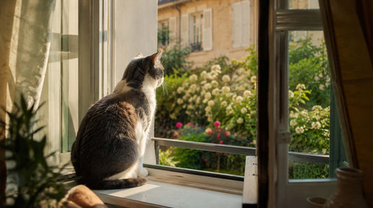  Chat assis près d'une fenêtre ouverte en été, chats perdus statistiques France 2026