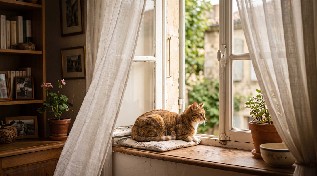 Chat assis près d'une fenêtre ouverte pendant une vague de chaleur, canicule 2026