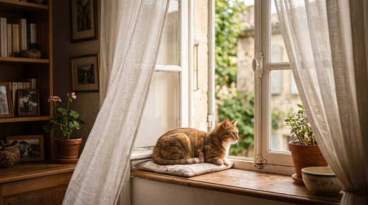 Chat assis près d'une fenêtre ouverte pendant une vague de chaleur, canicule 2026