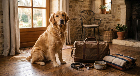 Chien et bagages prêts pour les vacances, médaille gravée et accessoires posés sur un parquet chaleureux