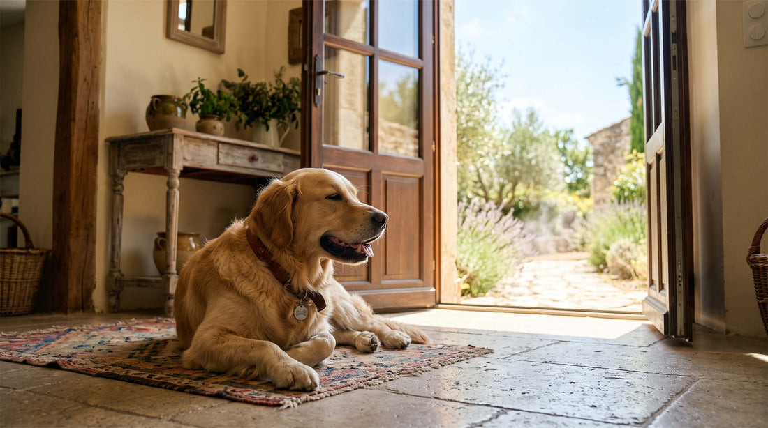 Chien près d'une porte d'entrée ouverte en été, risque de fugue pendant la canicule