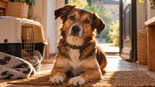 Chien tout juste adopté en refuge portant sa médaille gravée, premier jour à la maison