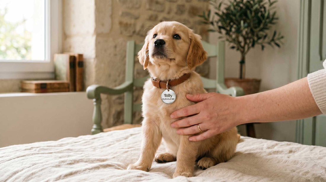Chiot portant une médaille gravée Medaléa à son collier dès le premier jour d'adoption, geste de protection artisanal français