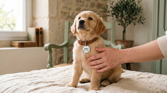 Chiot portant une médaille gravée Medaléa à son collier dès le premier jour d'adoption, geste de protection artisanal français