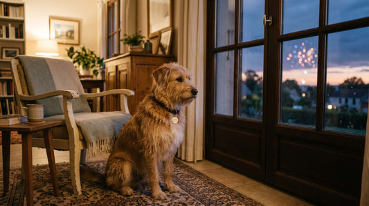 Chien attentif au collier avec médaille gravée près d'une fenêtre, soir de feux d'artifice, ambiance Medaléa