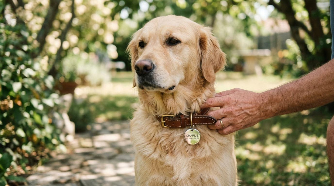 Chien portant une médaille gravée en acier inoxydable au collier, identification visible immédiatement — Medaléa, fabrication française