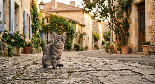 Chat gris tigré trouvé dans la rue, assis sur un trottoir, regardant vers l'appareil photo, lumière naturelle douce, ambiance France