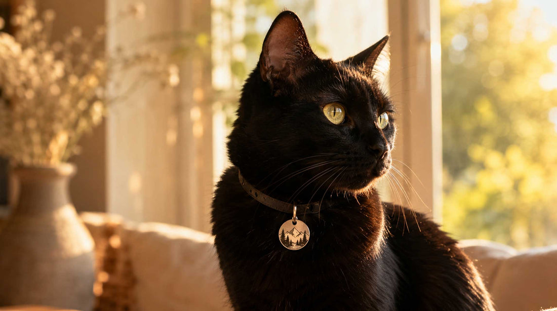 Chat noir portant une médaille gravée Medaléa, journée internationale du chat noir