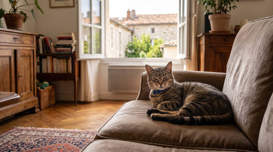 Chat détendu dans un salon lumineux, symbole de la Journée  internationale du chat