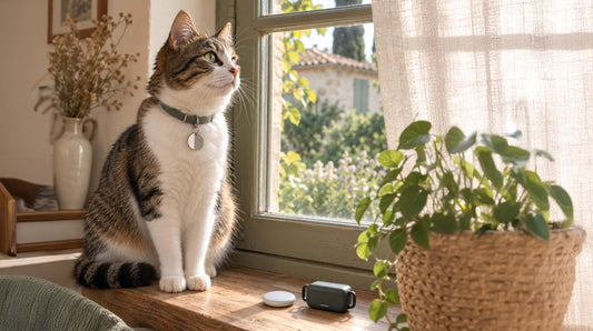 Chat portant une médaille QR code Medaléa, comparée à un traceur GPS et un AirTag