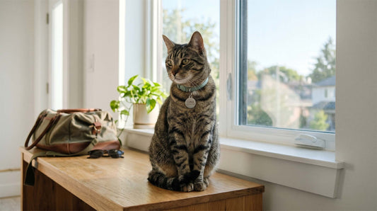 Chat assis près d'une fenêtre ensoleillée, médaille gravée au collier, valise en arrière-plan suggérant un départ en vacances