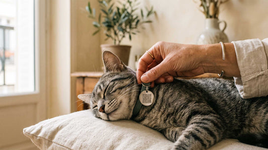 Médaille QR code pour chat gravée en acier inoxydable, gros plan artisanal Medaléa
