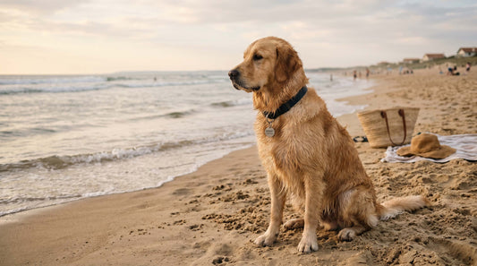 Chien Golden Retriever avec médaille gravée au collier assis sur une plage de sable en France en été, ambiance vacances bord de mer, lumière naturelle dorée