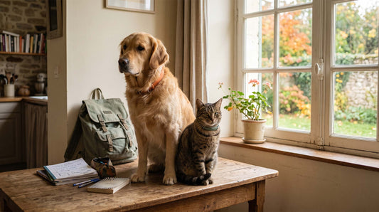 Chien et chat côte à côte à la rentrée, ambiance foyer chaleureux