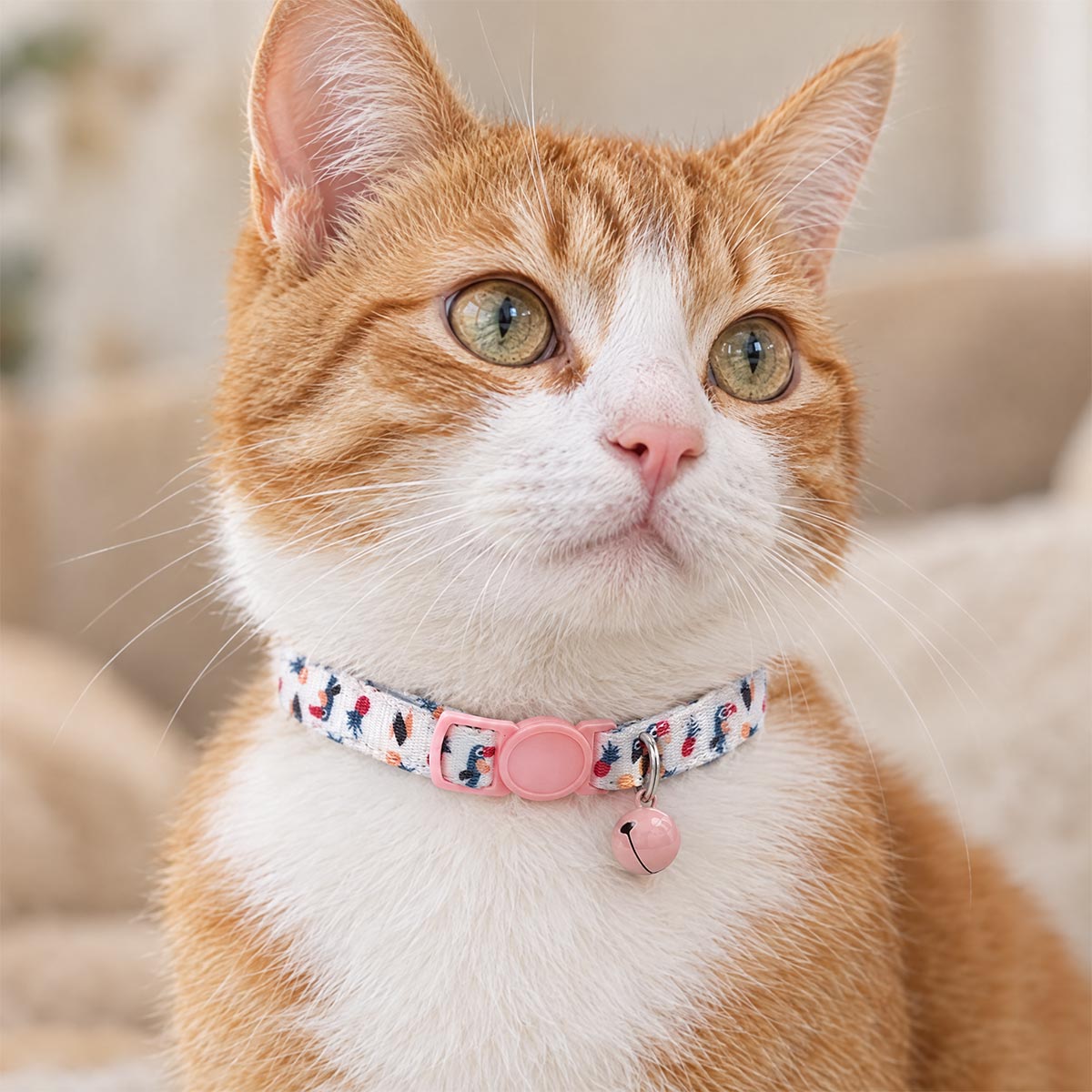 Chat roux et blanc avec un collier anti-étranglement Medaléa à motif imprimé