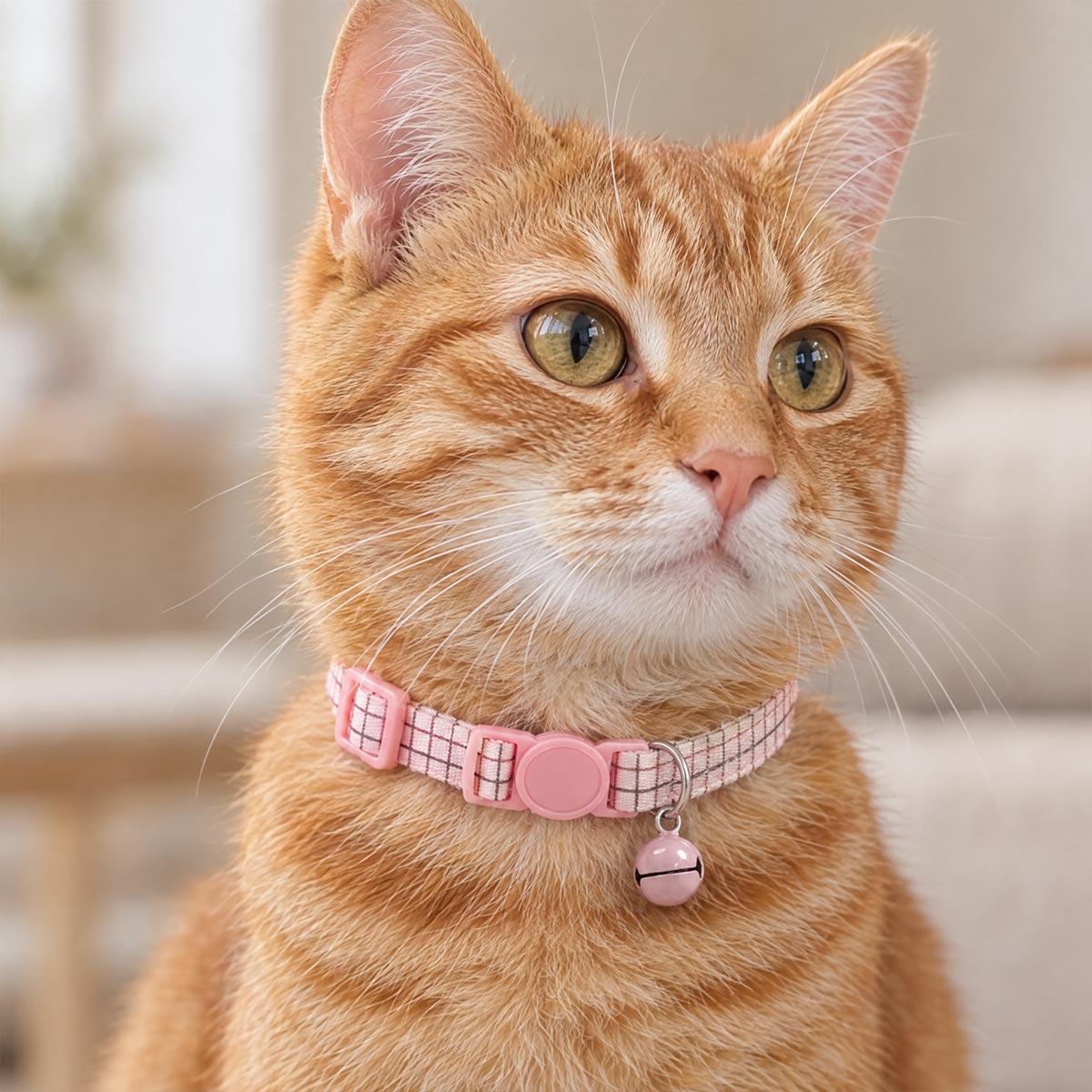 Chat tigré roux portant un collier anti-étranglement pour chat Medaléa à motif imprimé