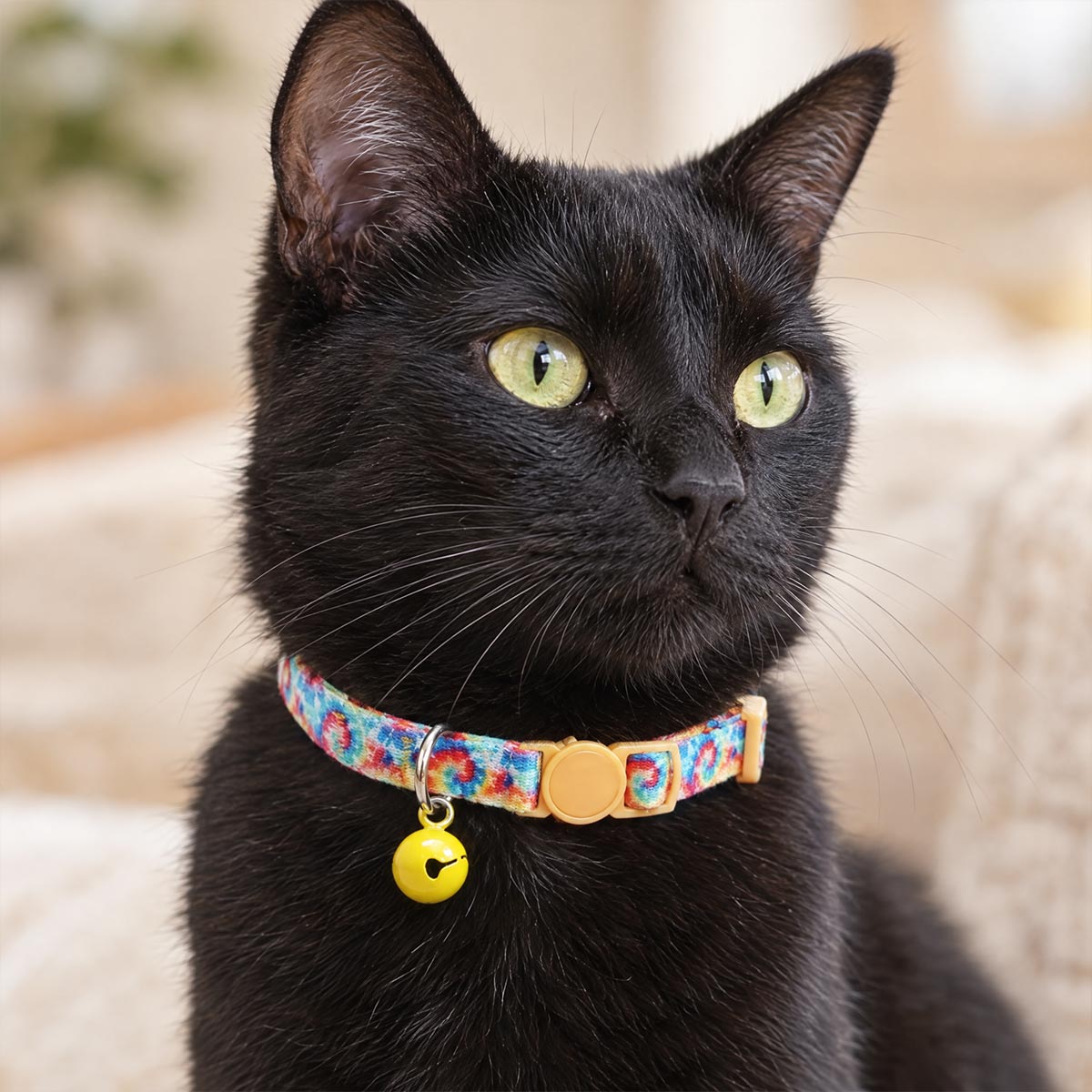 Chat noir portant un collier anti-étranglement pour chat Medaléa à motif imprimé coloré