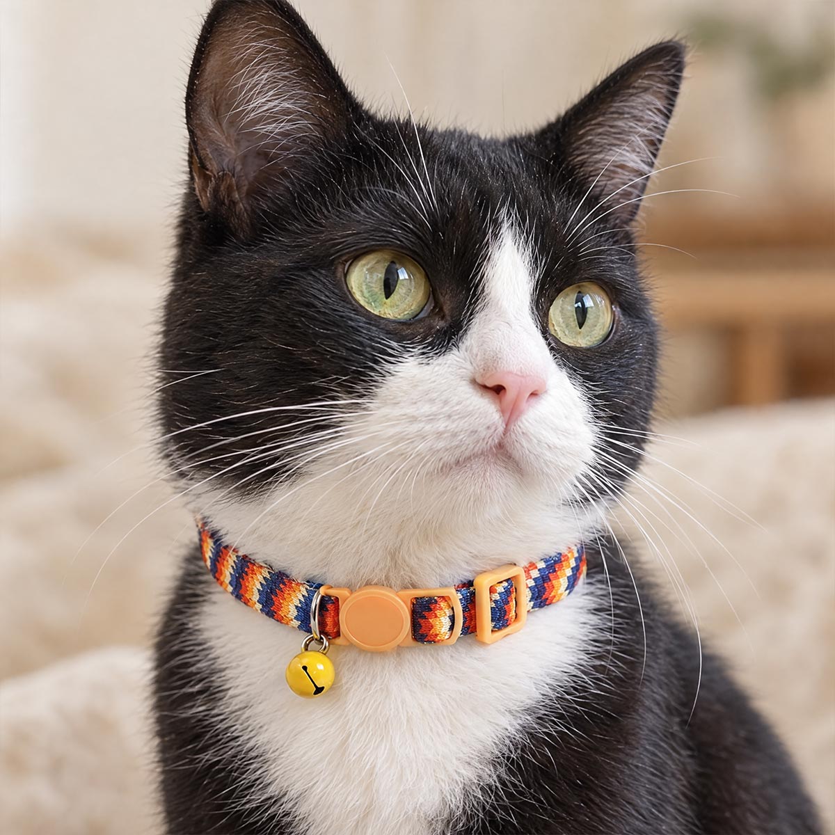 Chat tuxedo noir et blanc portant un collier anti-étranglement Medaléa à motif imprimé