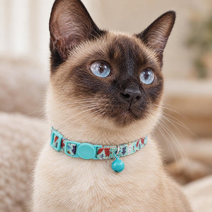 Chat siamois portant un collier anti-étranglement pour chat Medaléa à motif imprimé