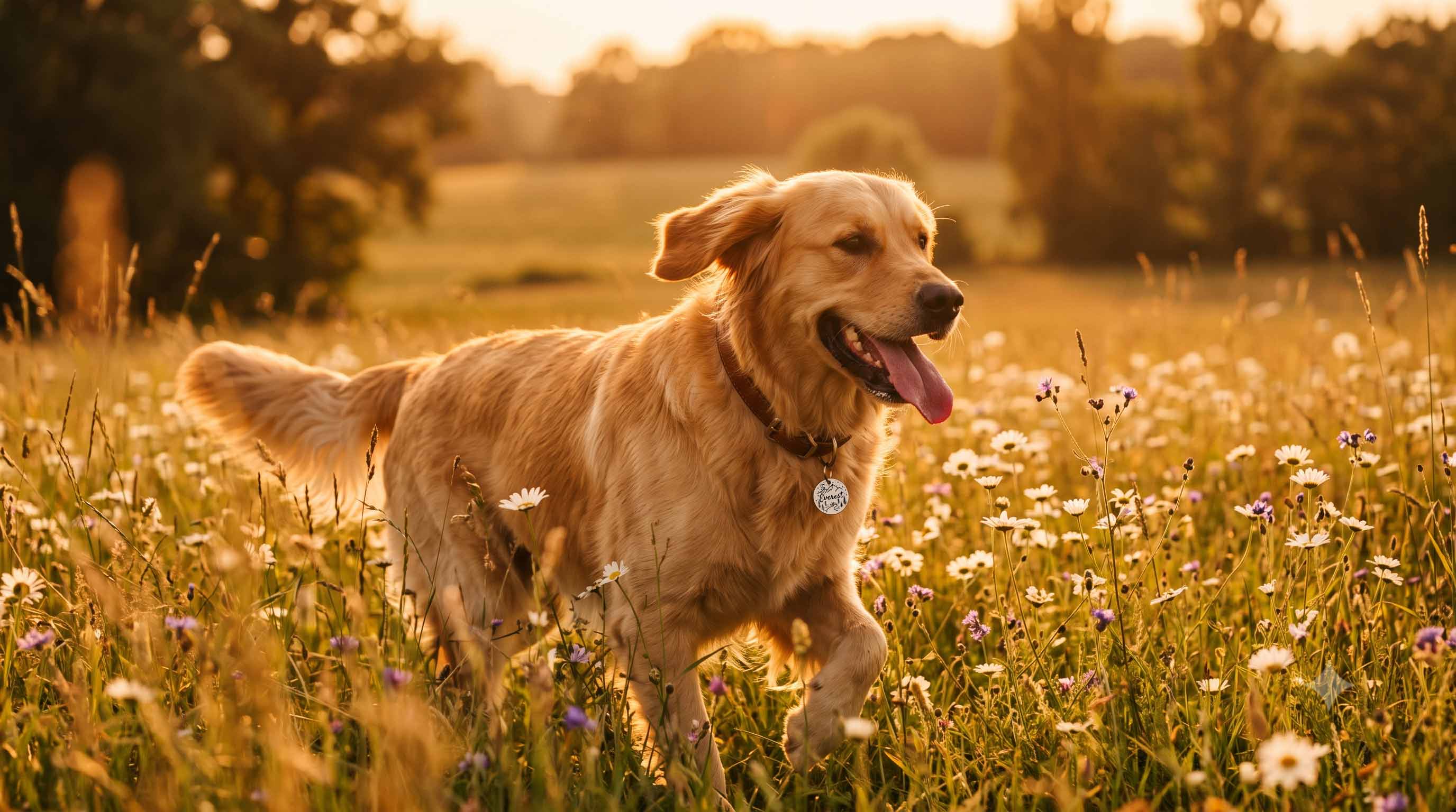 Golden Retriever courant dans une prairie fleurie au coucher du soleil avec une médaille Medaléa au collier