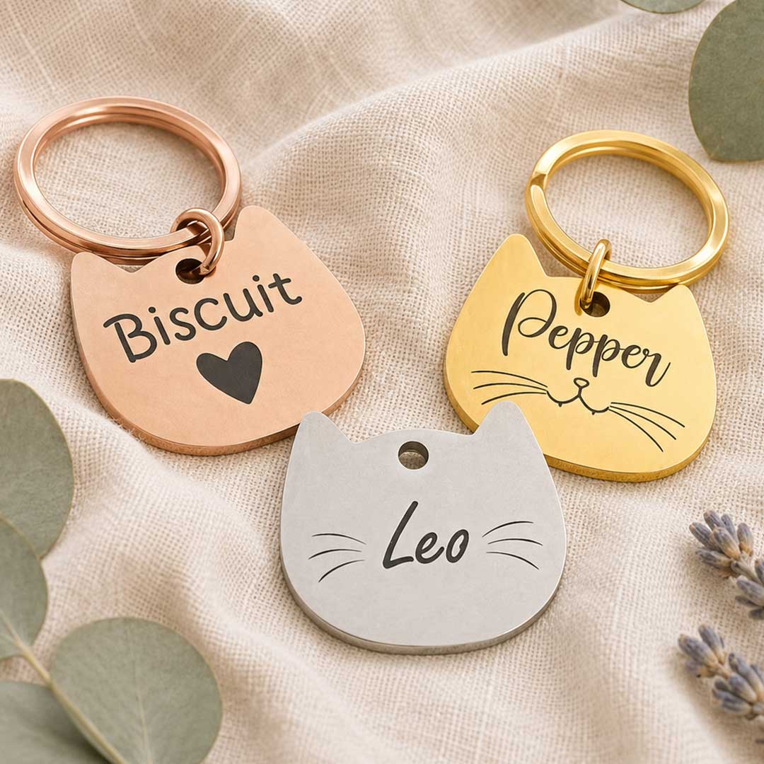 Médaille forme chat gravée au laser en acier inoxydable, personnalisée avec prénom et coordonnées, fabriquée en France par Medaléa