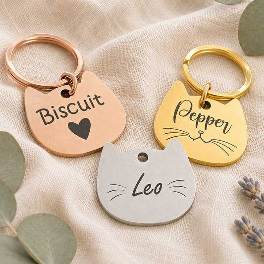 Médaille forme chat gravée au laser en acier inoxydable, personnalisée avec prénom et coordonnées, fabriquée en France par Medaléa
