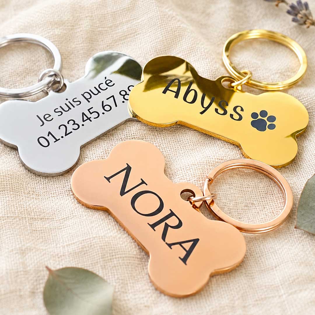 Médaille forme os gravée au laser pour chien en acier inoxydable, personnalisée avec prénom et coordonnées, fabriquée en France par Medaléa