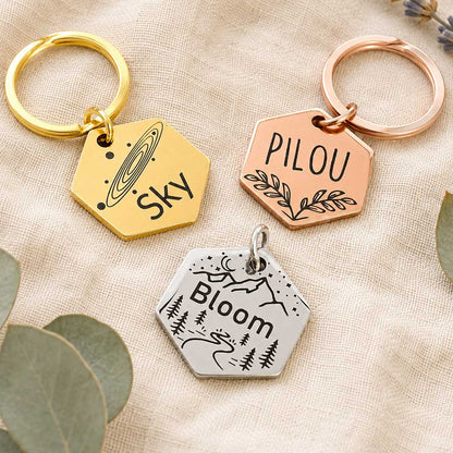 Médaille hexagonale gravée au laser pour chien en acier inoxydable, personnalisée avec prénom et coordonnées, fabriquée en France par Medaléa