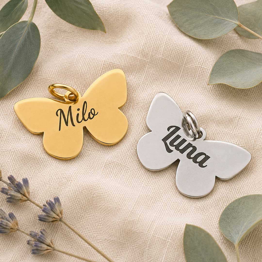 Médaille forme papillon gravée au laser pour chien en acier inoxydable, personnalisée avec prénom et coordonnées, fabriquée en France par Medaléa