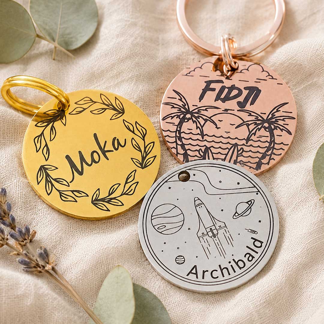 Médaille ronde gravée au laser pour chien en acier inoxydable, personnalisée avec prénom et coordonnées, fabriquée en France par Medaléa