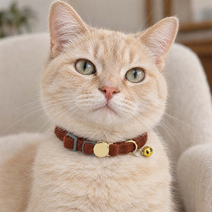 Chat crème assis dans un fauteuil blanc, portant un collier terracotta en velours côtelé avec plaque dorée gravée