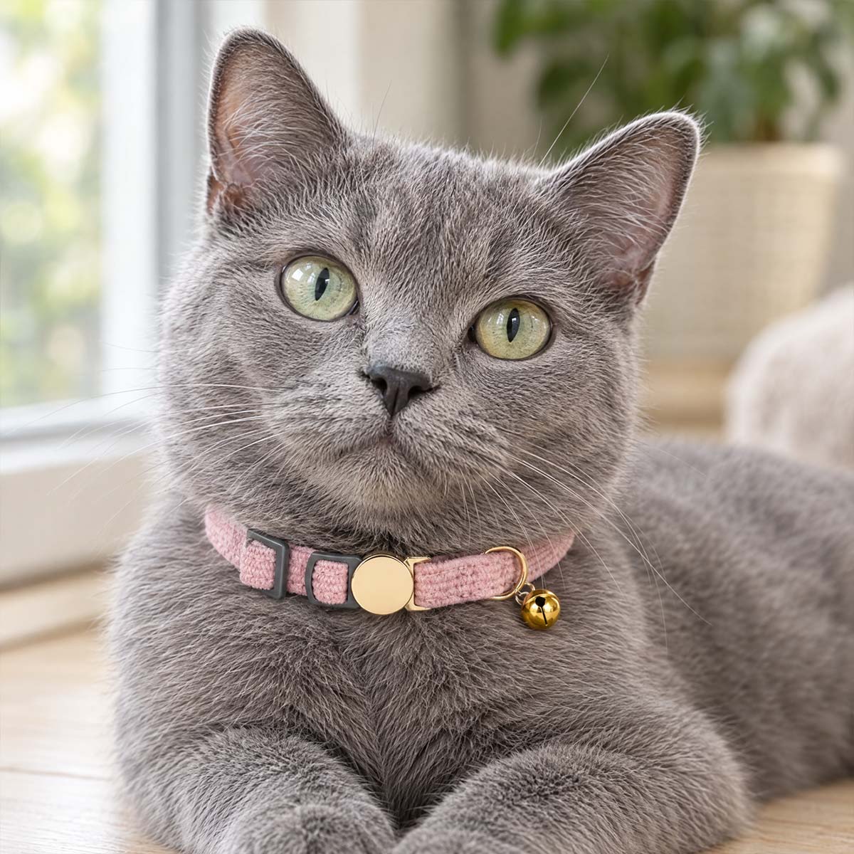 Chat gris allongé sur un parquet clair, portant un collier rose poudré en velours avec plaque dorée gravée