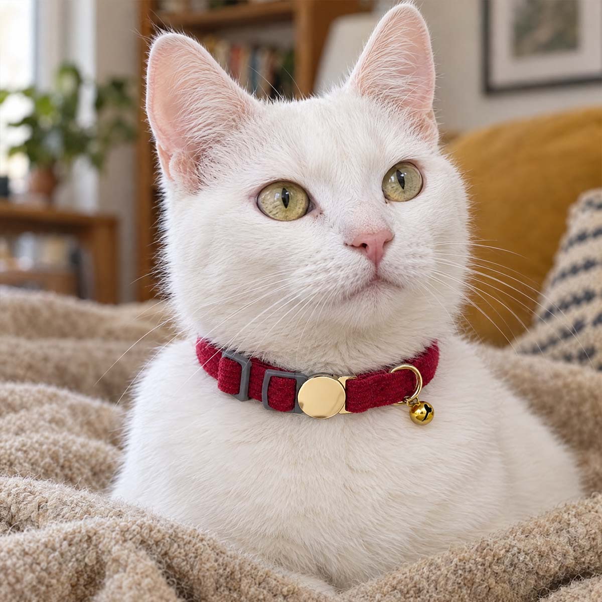 Chat blanc assis sur une couverture beige, portant un collier rouge en velours côtelé avec plaque dorée gravée